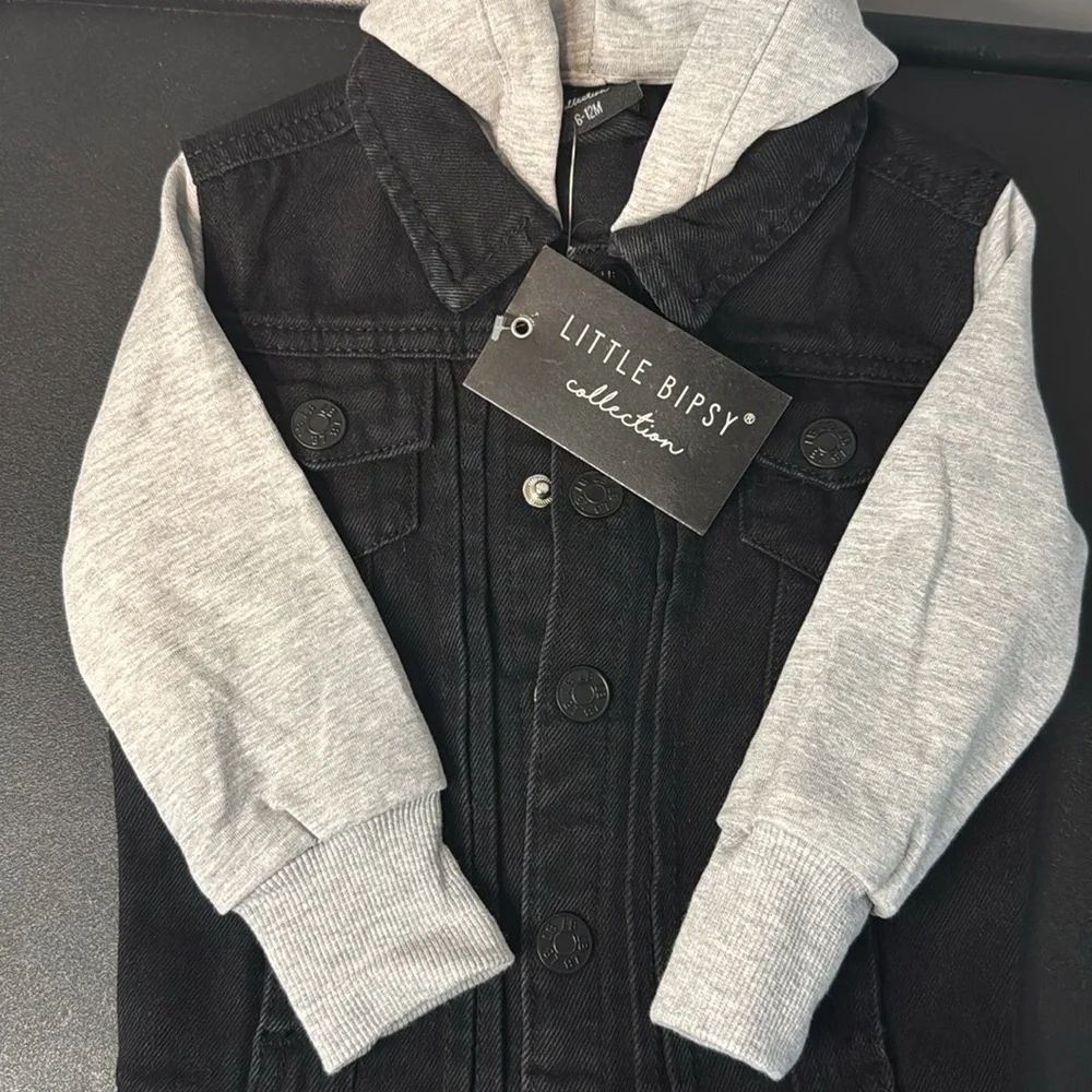 Little Bipsy Black & Gray Hooded Denim Jacket 6-12 Months New NWT
